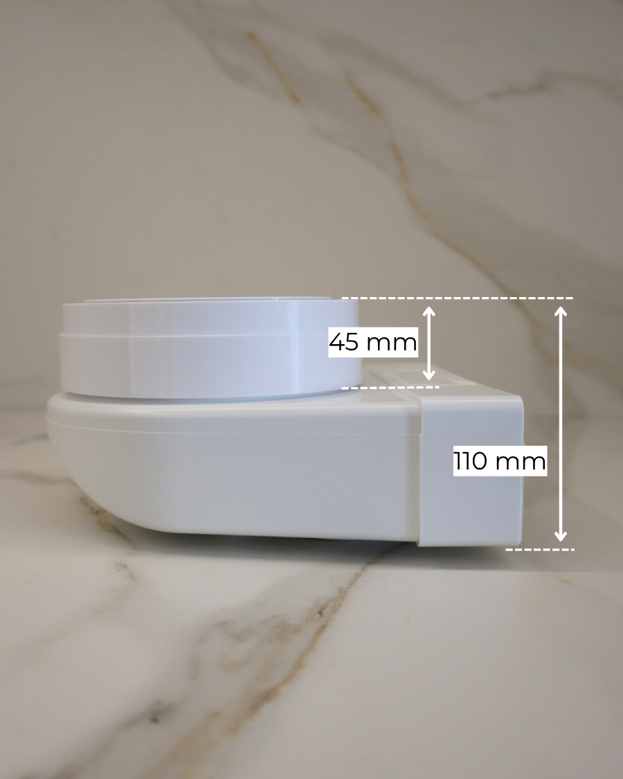 Side profile of GRATKA SLIM 150 showing 45 mm visible part and 110 mm mounting depth above stretch ceiling