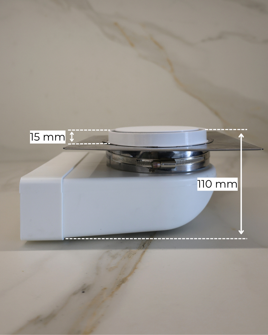 Side profile of GRATKA SLIM 125 drywall fan with 15 mm low-profile face and 110 mm mounting depth above ceiling