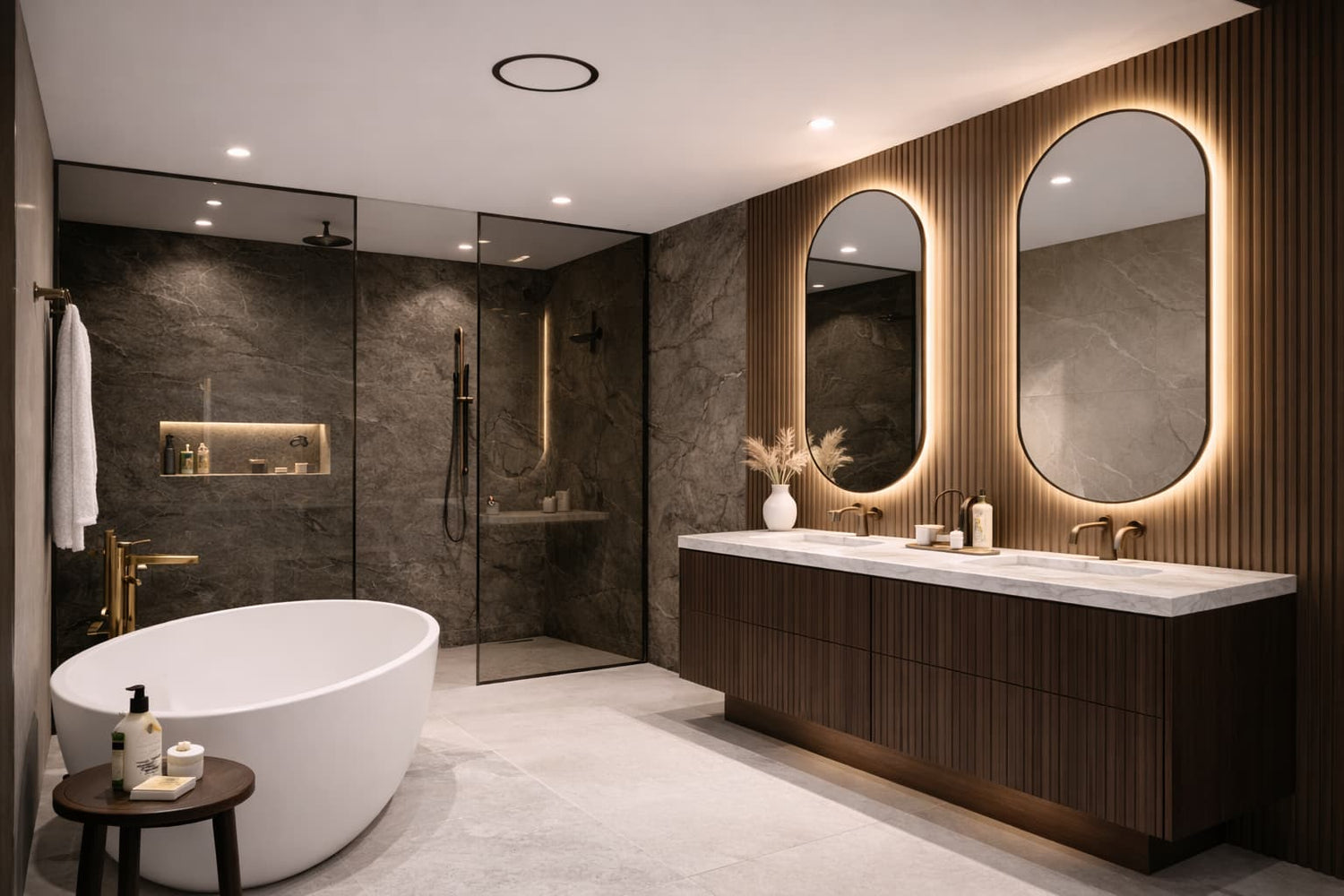 Black flush-mount ceiling exhaust fan seamlessly installed in a luxury modern bathroom
