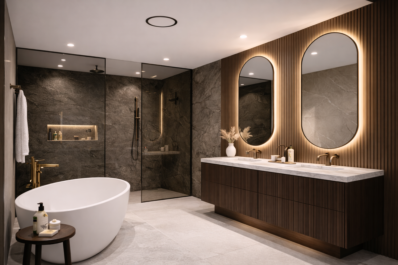 Black flush-mount ceiling exhaust fan seamlessly installed in a luxury modern bathroom